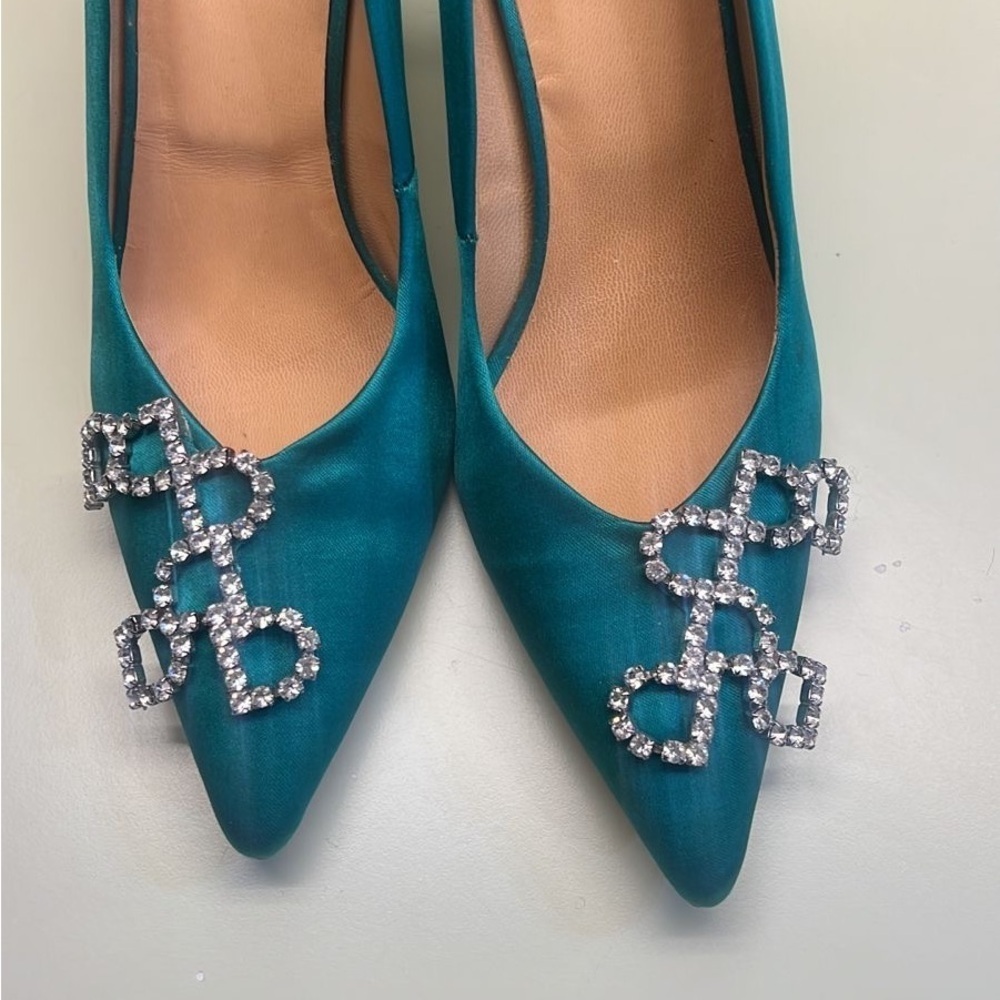 Day Birger et Mikkelsen Elegant Teal Satin Heels with Crystal Embellishments - Picture 10 of 11